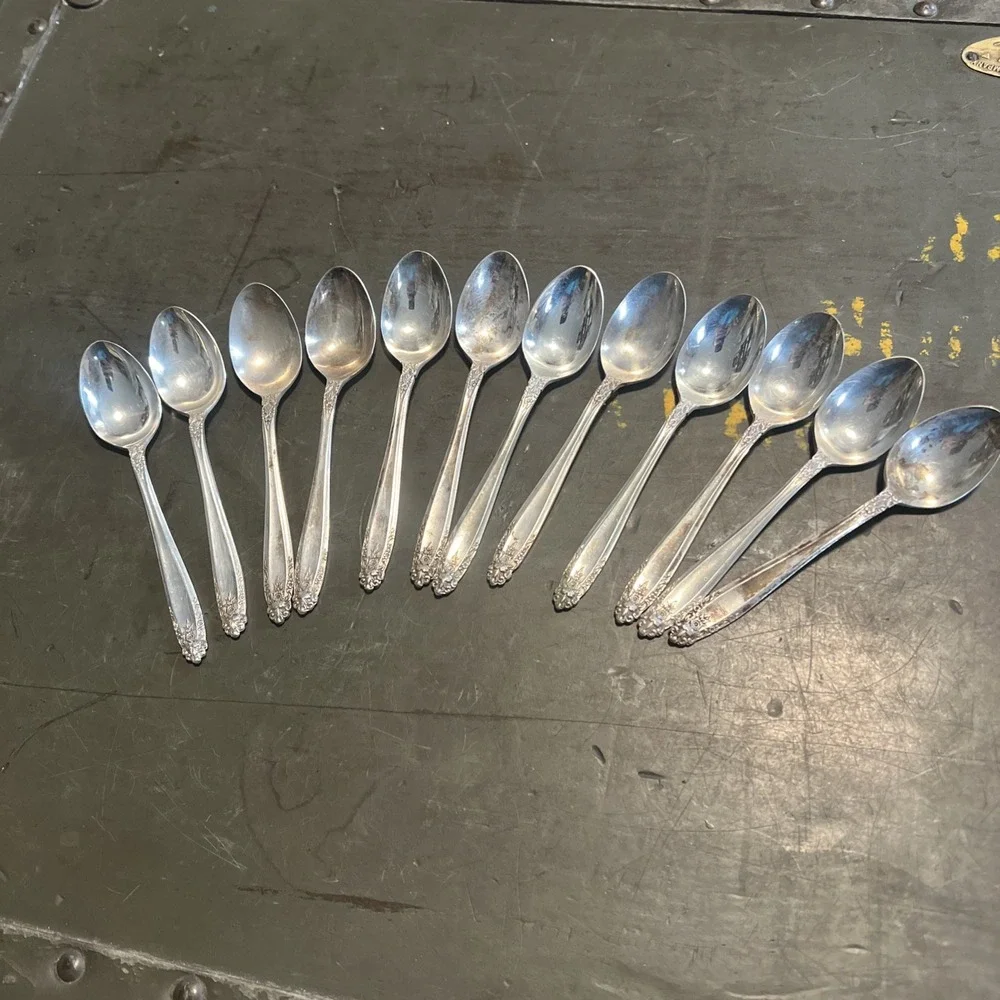 Vintage Nickel Silver Dessert Spoons – Set of 12 – Ornate Pattern